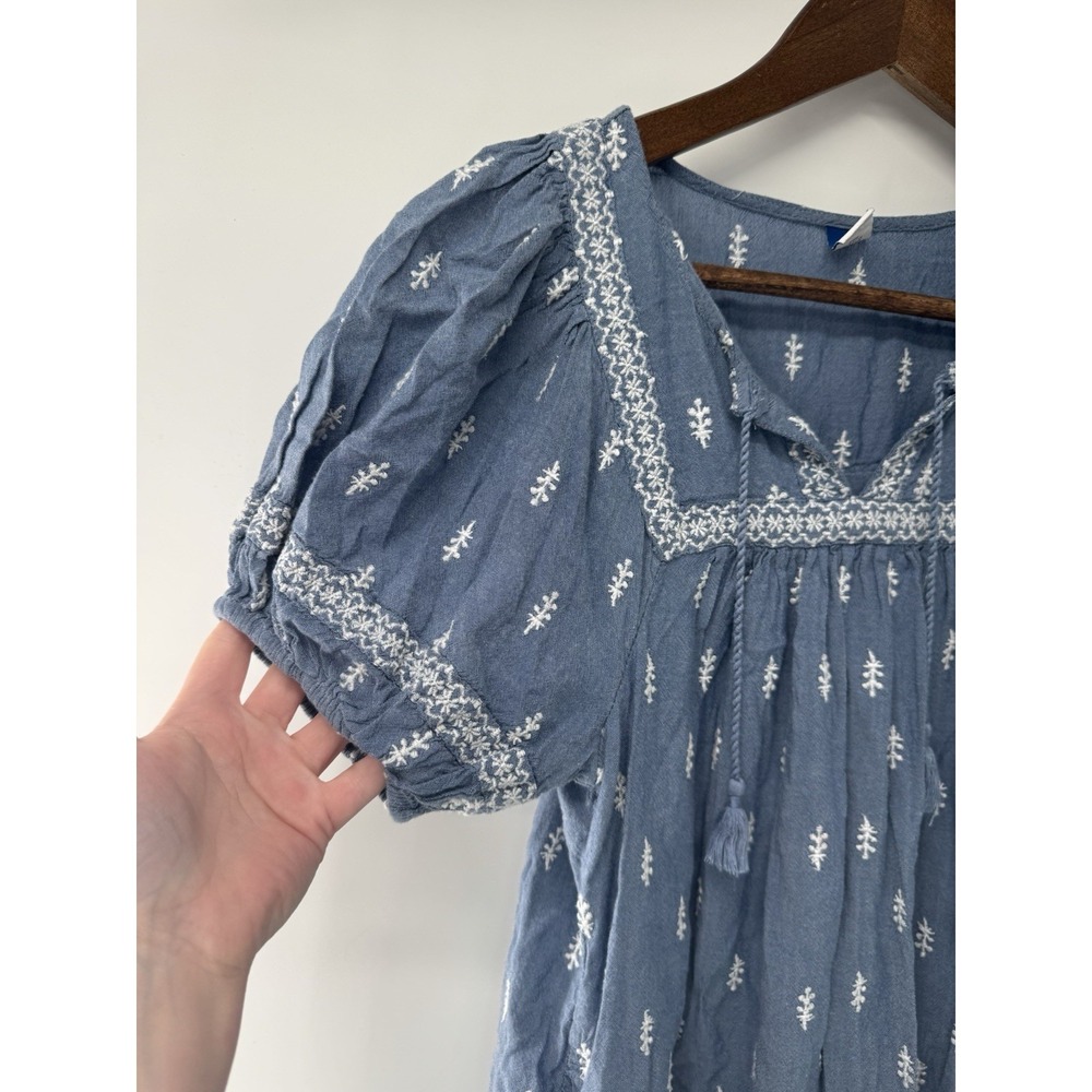 Old Navy Blue Boho Peasant Dress cottagecore embroidered tassel festival boho XS - Picture 8 of 8